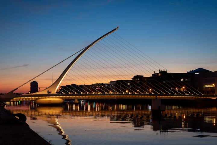 Dublin, Ireland – The Samuel Becket bridge after sunset