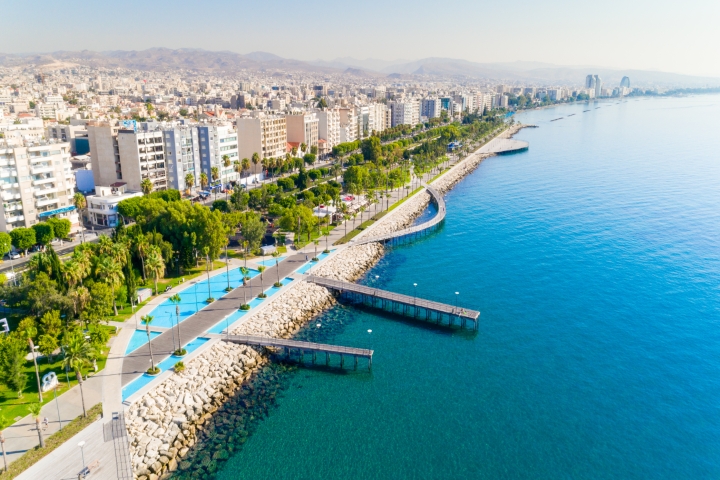 Aerial view of Molos Promenade park on the coast of Limassol city centre in Cyprus